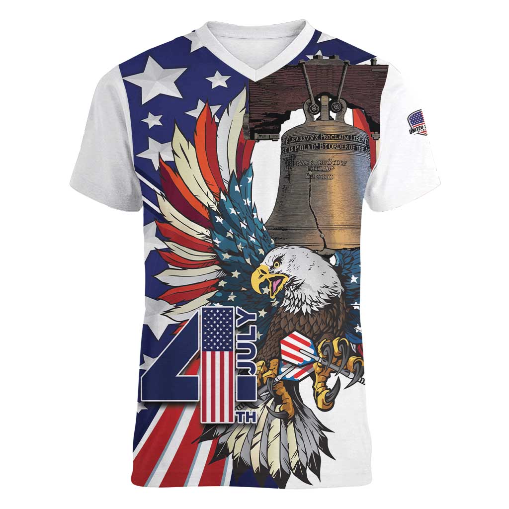 Personalized USA 4th Of July Women V-Neck T-Shirt United State Eagle Liberty Bell