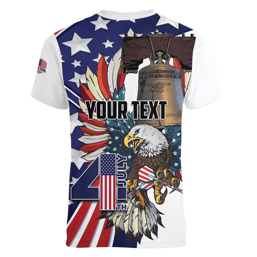 Personalized USA 4th Of July Women V-Neck T-Shirt United State Eagle Liberty Bell