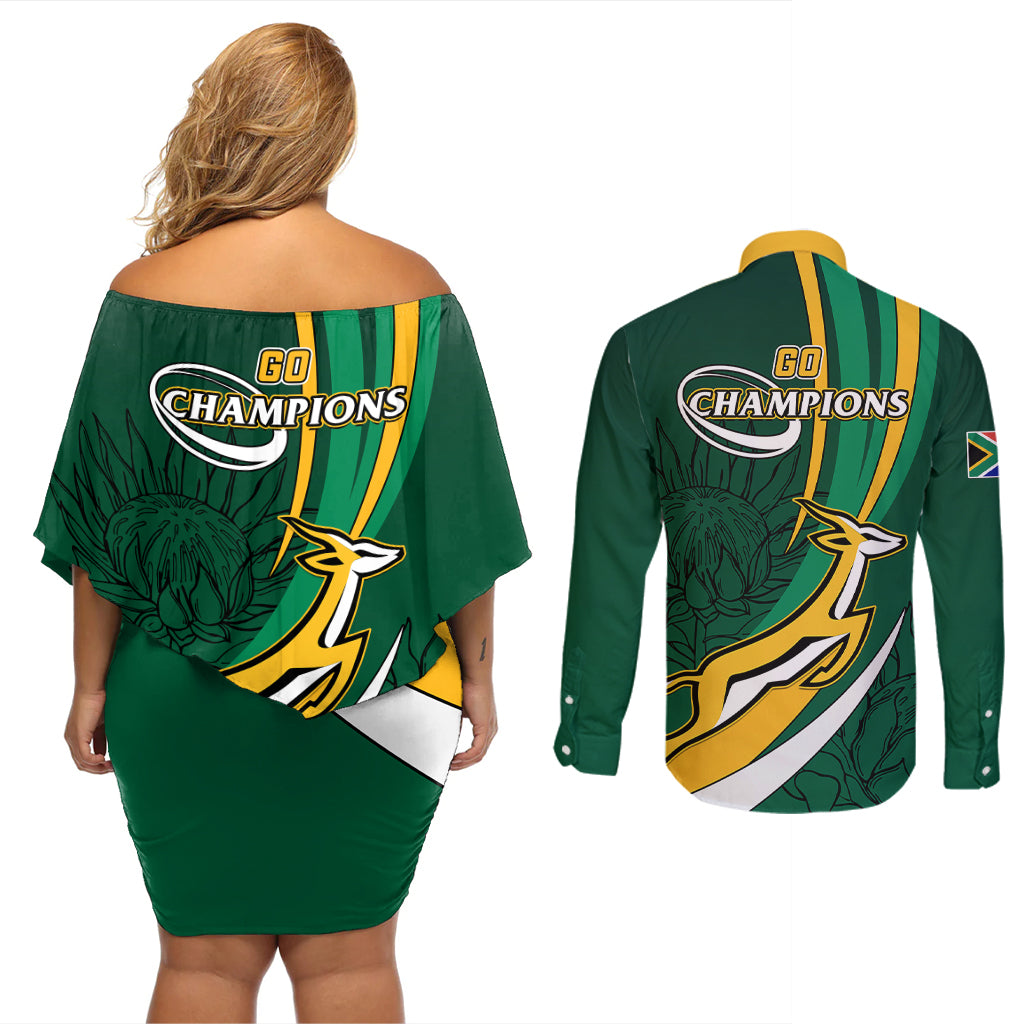 South Africa Rugby Couples Matching Off Shoulder Short Dress and Long Sleeve Button Shirts Springboks Go Champions World Cup 2023 - Wonder Print Shop