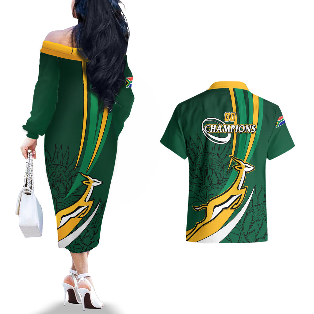 South Africa Rugby Couples Matching Off The Shoulder Long Sleeve Dress and Hawaiian Shirt Springboks Go Champions World Cup 2023 - Wonder Print Shop