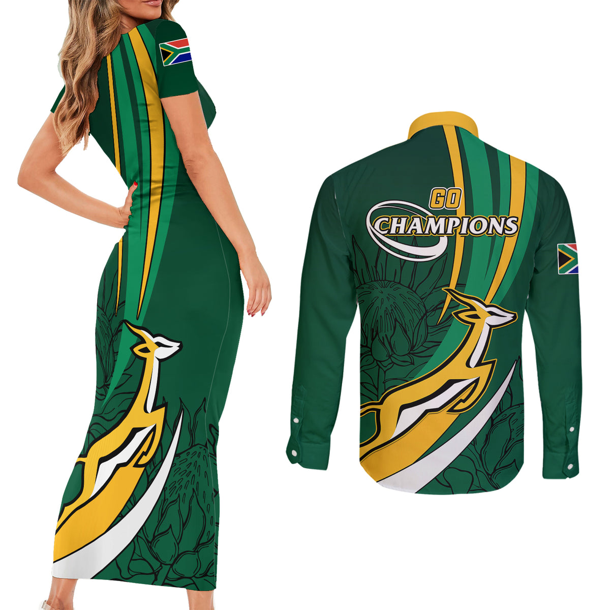 South Africa Rugby Couples Matching Short Sleeve Bodycon Dress and Long Sleeve Button Shirts Springboks Go Champions World Cup 2023 - Wonder Print Shop
