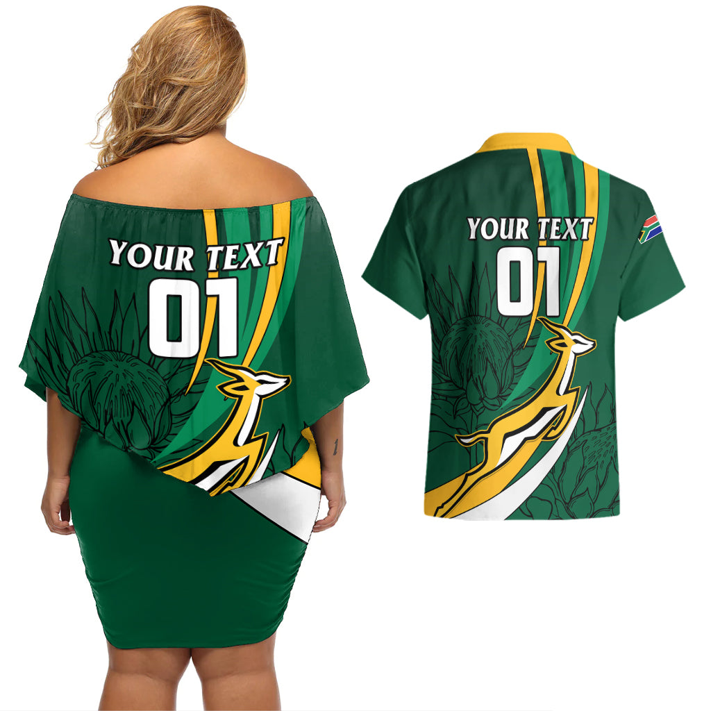 Personalised South Africa Rugby Couples Matching Off Shoulder Short Dress and Hawaiian Shirt Springboks Go Champions World Cup 2023 - Wonder Print Shop
