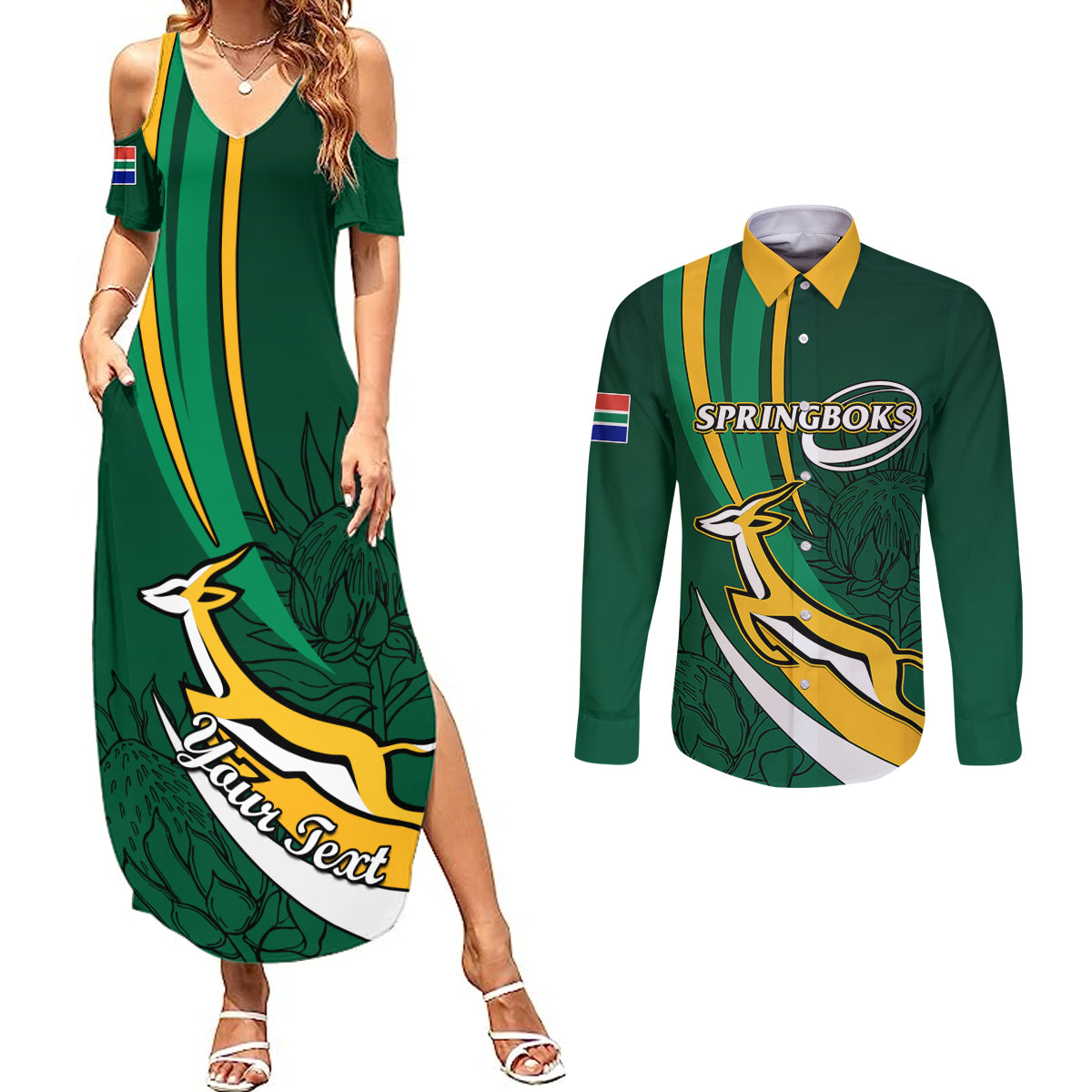 Personalised South Africa Rugby Couples Matching Summer Maxi Dress and Long Sleeve Button Shirts Springboks Go Champions World Cup 2023 - Wonder Print Shop
