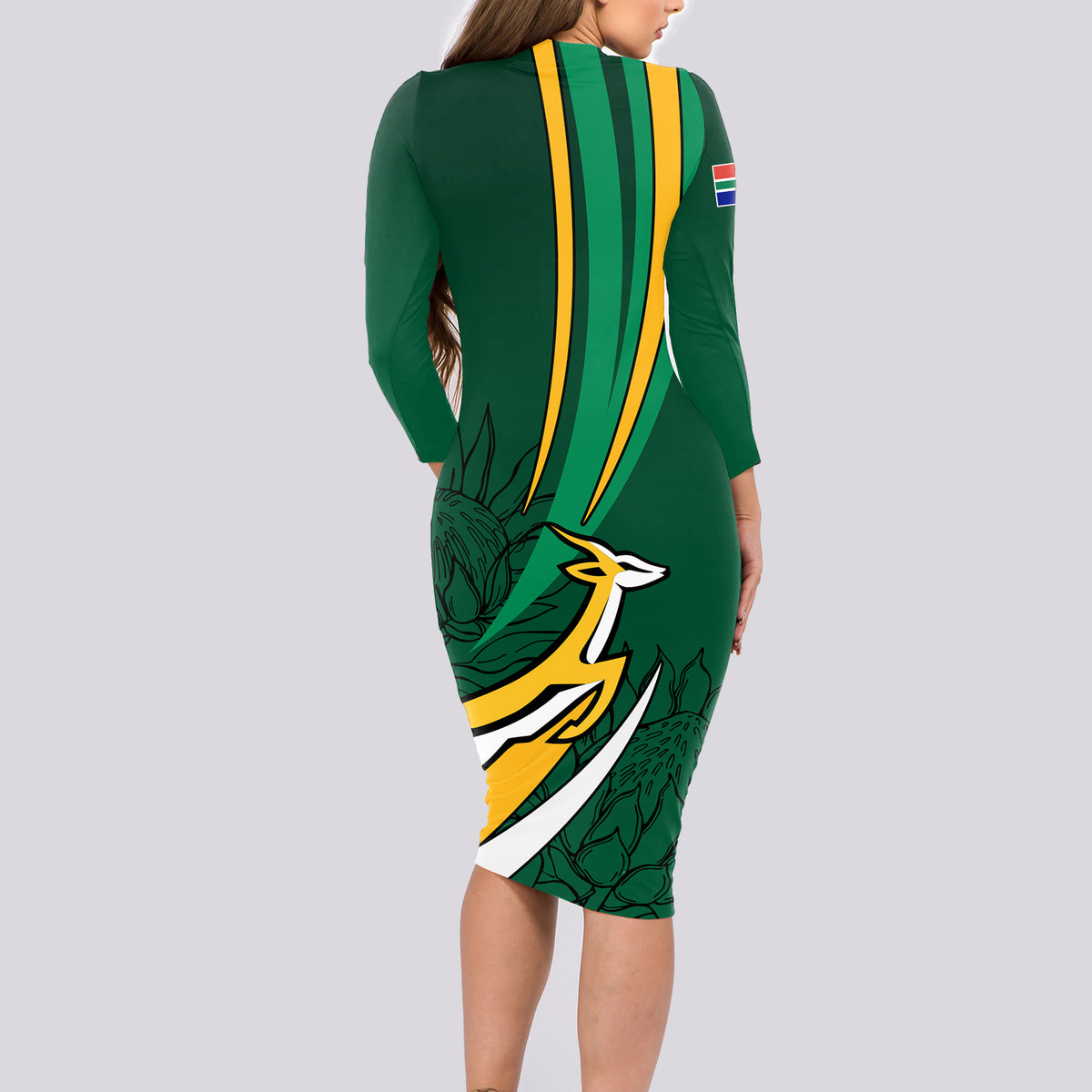 Personalised South Africa Rugby Long Sleeve Bodycon Dress Springboks Go Champions World Cup 2023 - Wonder Print Shop