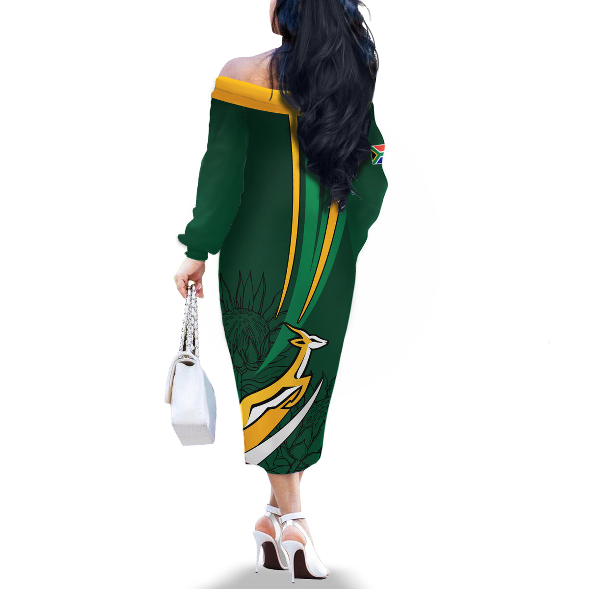 Personalised South Africa Rugby Off The Shoulder Long Sleeve Dress Springboks Go Champions World Cup 2023 - Wonder Print Shop