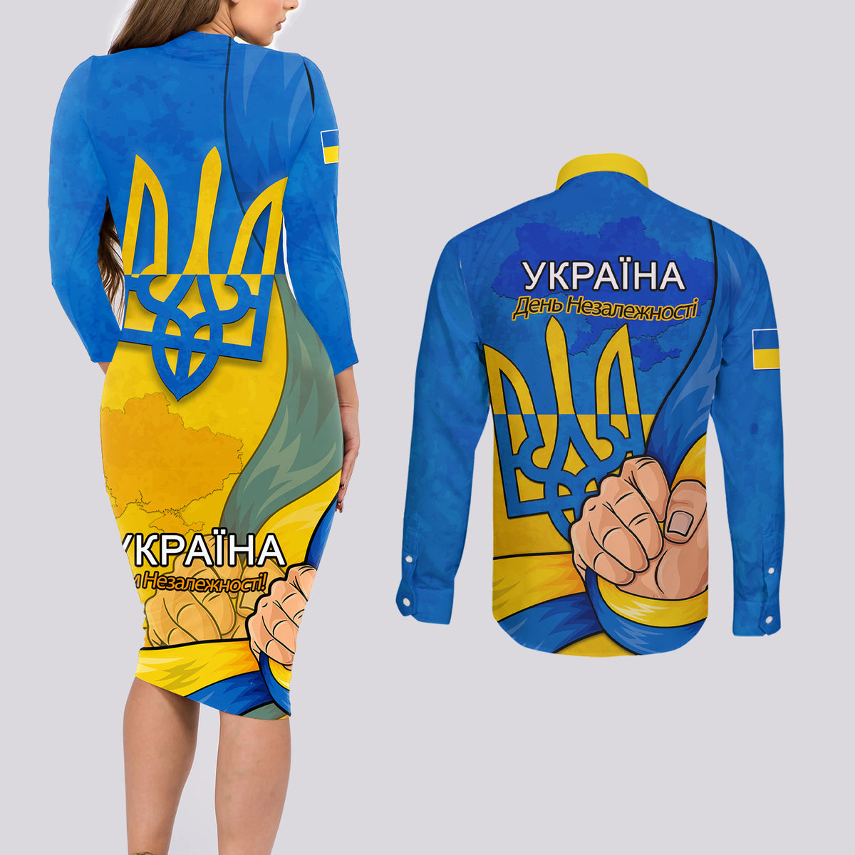 Ukraine Independence Day Couples Matching Long Sleeve Bodycon Dress and Long Sleeve Button Shirts Ukrainian Trident Special Version - Wonder Print Shop
