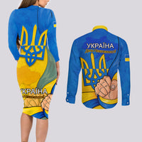 Ukraine Independence Day Couples Matching Long Sleeve Bodycon Dress and Long Sleeve Button Shirts Ukrainian Trident Special Version - Wonder Print Shop