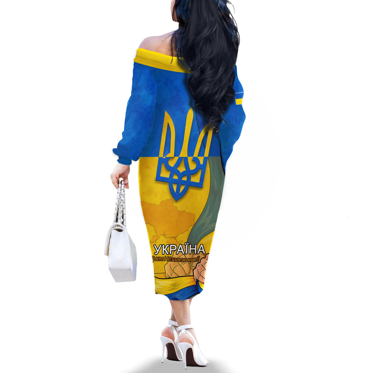 Ukraine Independence Day Off The Shoulder Long Sleeve Dress Ukrainian Trident Special Version - Wonder Print Shop