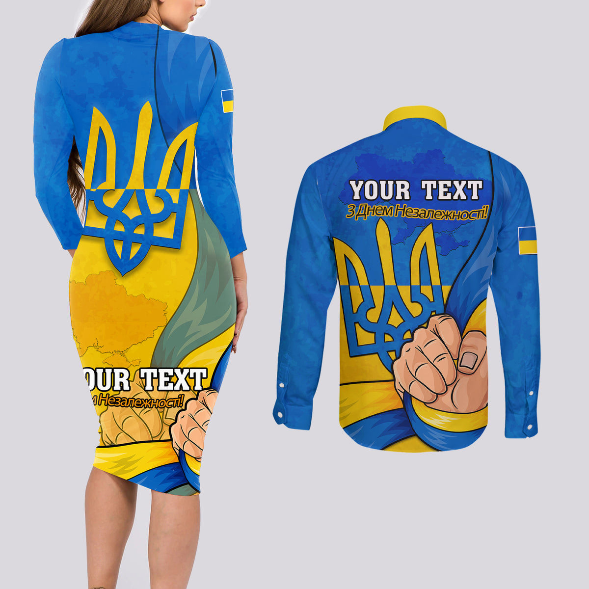 Personalised Ukraine Independence Day Couples Matching Long Sleeve Bodycon Dress and Long Sleeve Button Shirts Ukrainian Trident Special Version - Wonder Print Shop