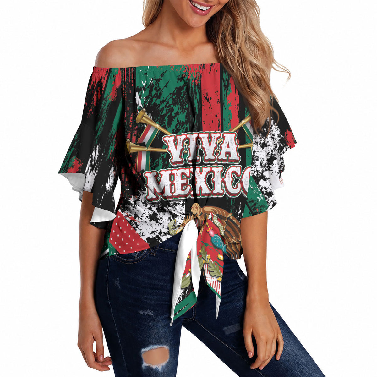 Personalized Viva Mexico Off Shoulder Wrap Waist Top Happy Independence Day