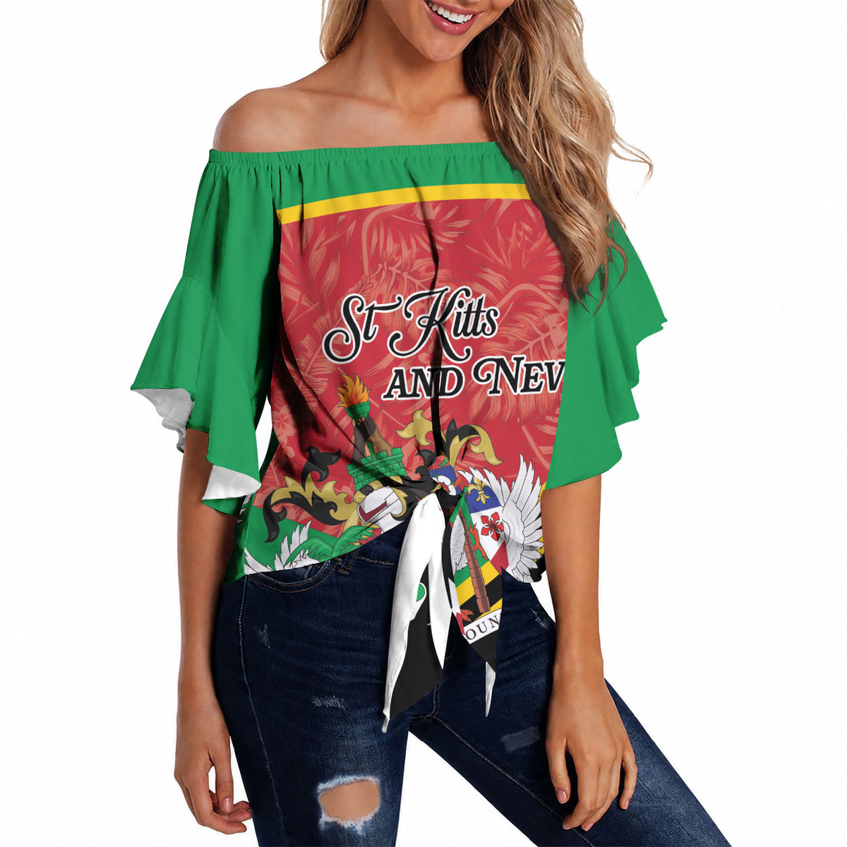 Personalized Saint Kitts and Nevis Off Shoulder Wrap Waist Top Happy Independence Day