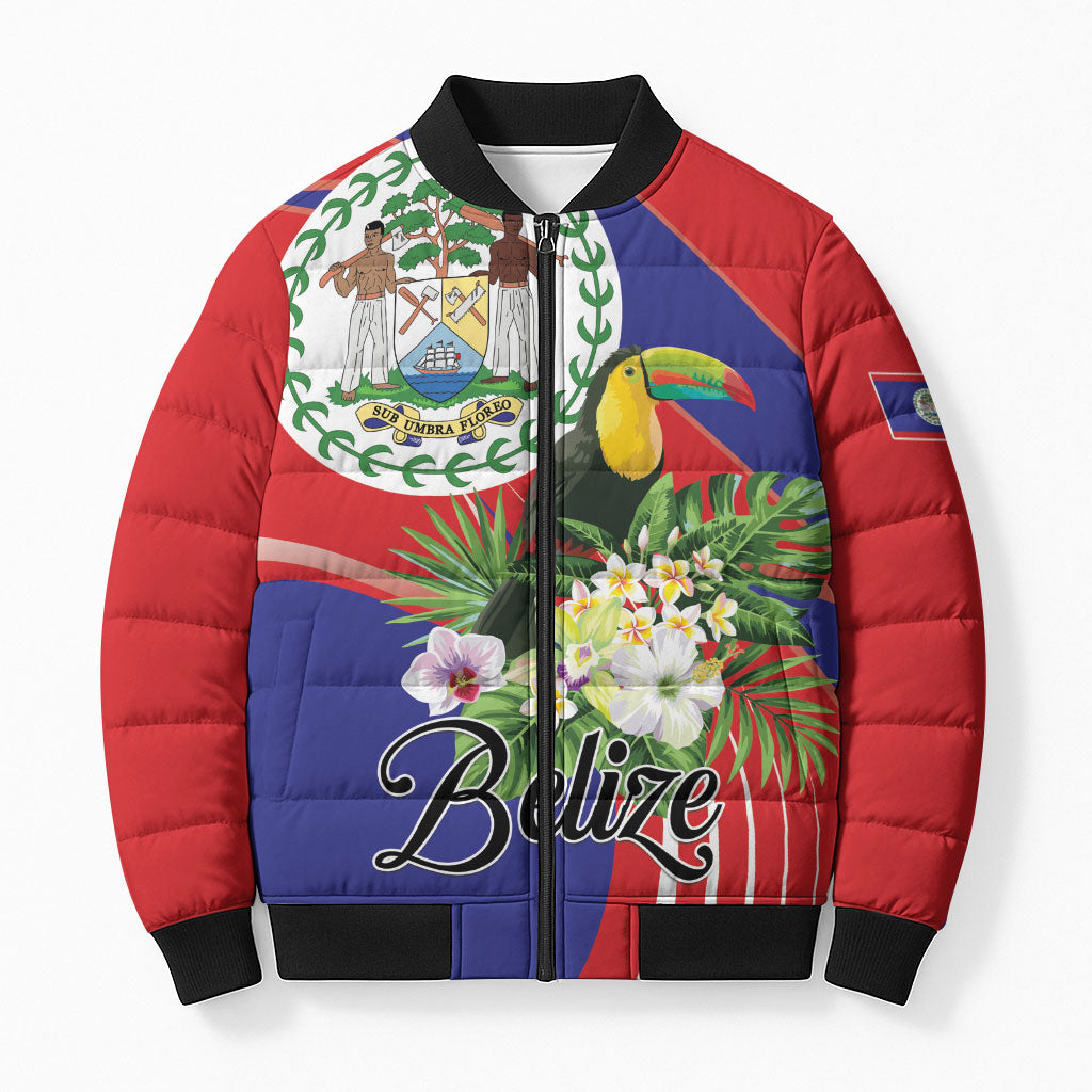 Personalized Belize Toucan Tropical Bomber Puffer Jacket Happy Independence Day