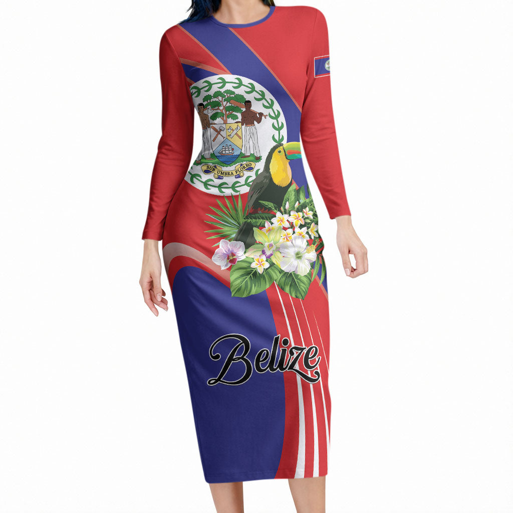 Personalized Belize Toucan Tropical Long Sleeve Bodycon Dress Happy Independence Day