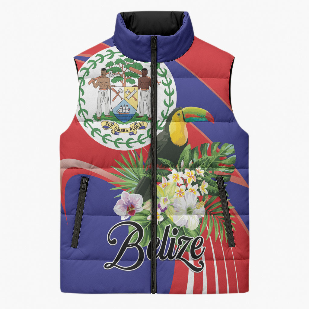 Personalized Belize Toucan Tropical Sleeveless Puffer Jacket Happy Independence Day