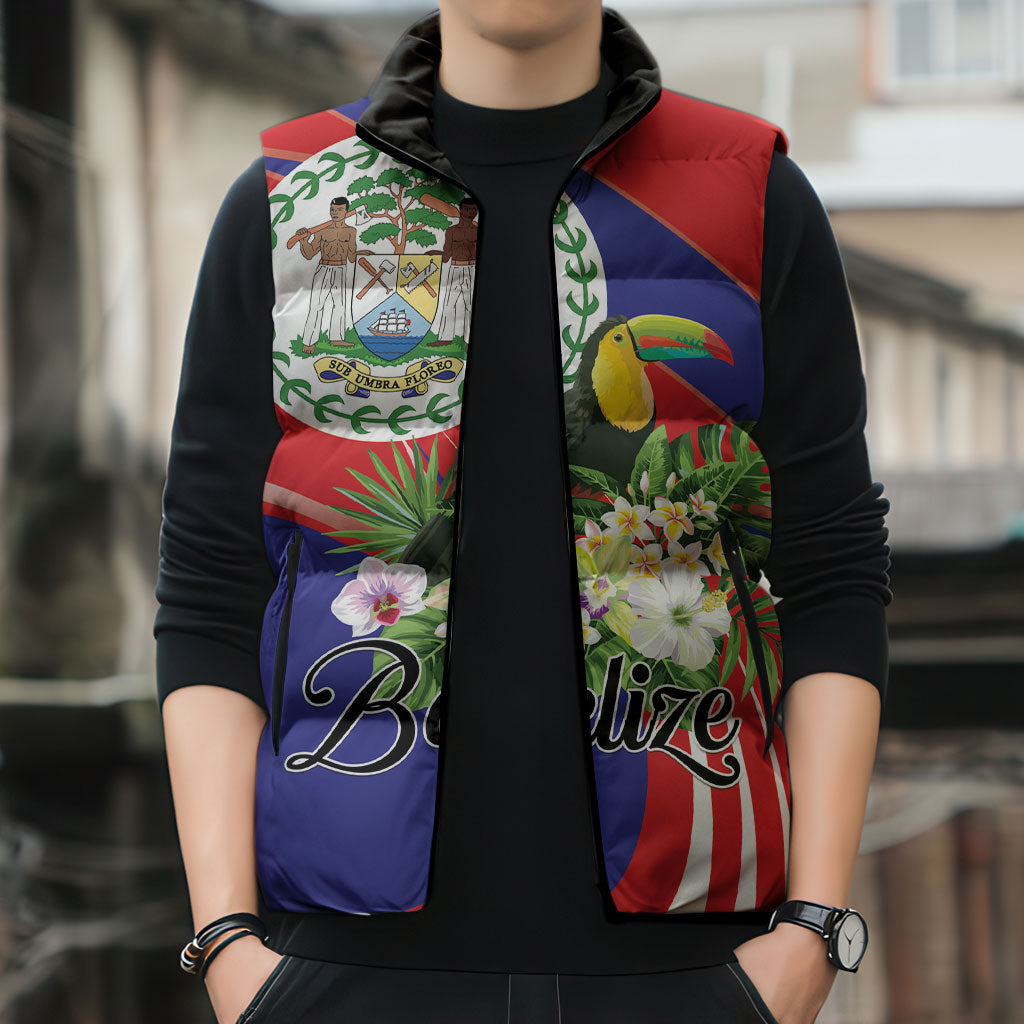 Personalized Belize Toucan Tropical Sleeveless Puffer Jacket Happy Independence Day