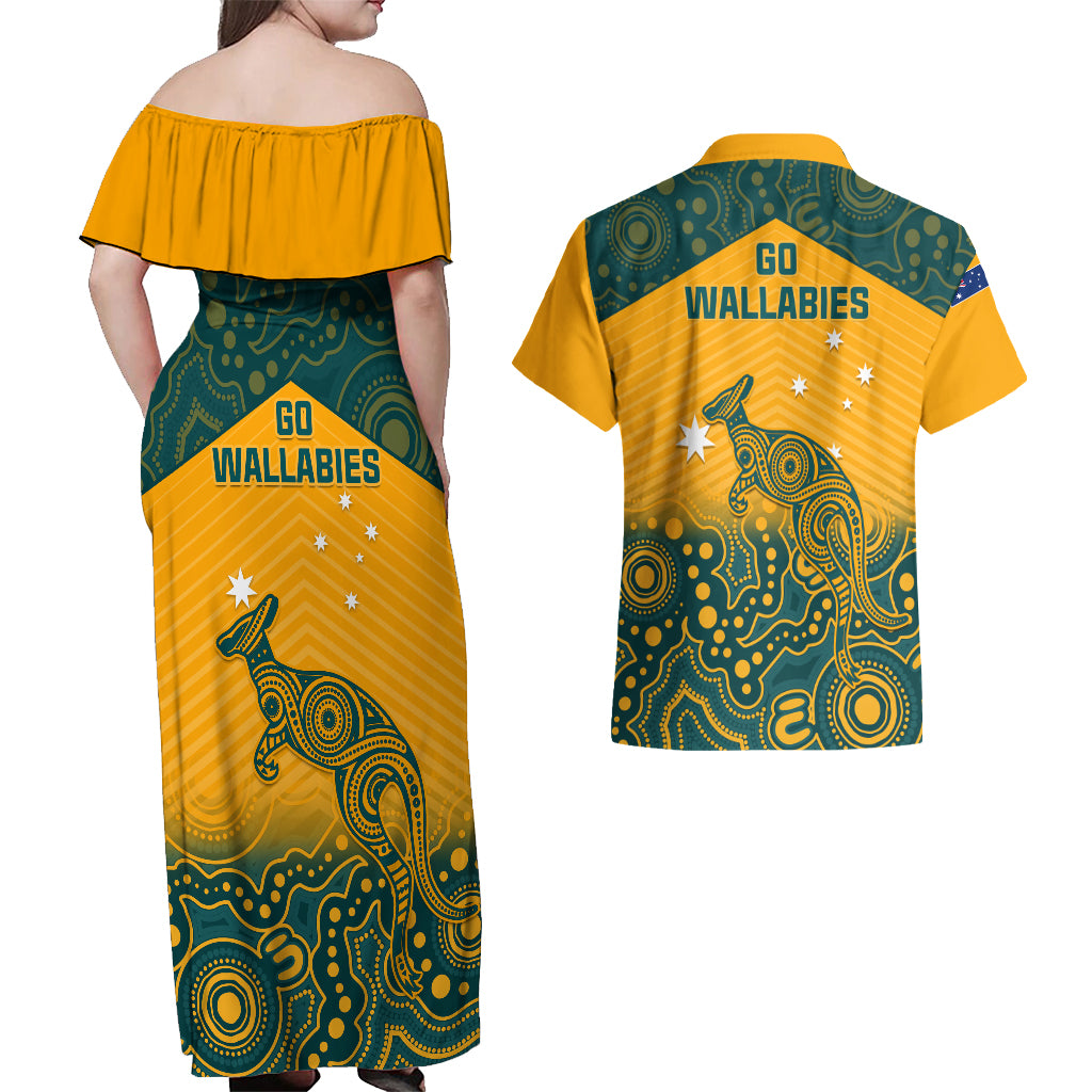 Australia Rugby Couples Matching Off Shoulder Maxi Dress and Hawaiian Shirt Wallabies Aboriginal Pattern - Wonder Print Shop