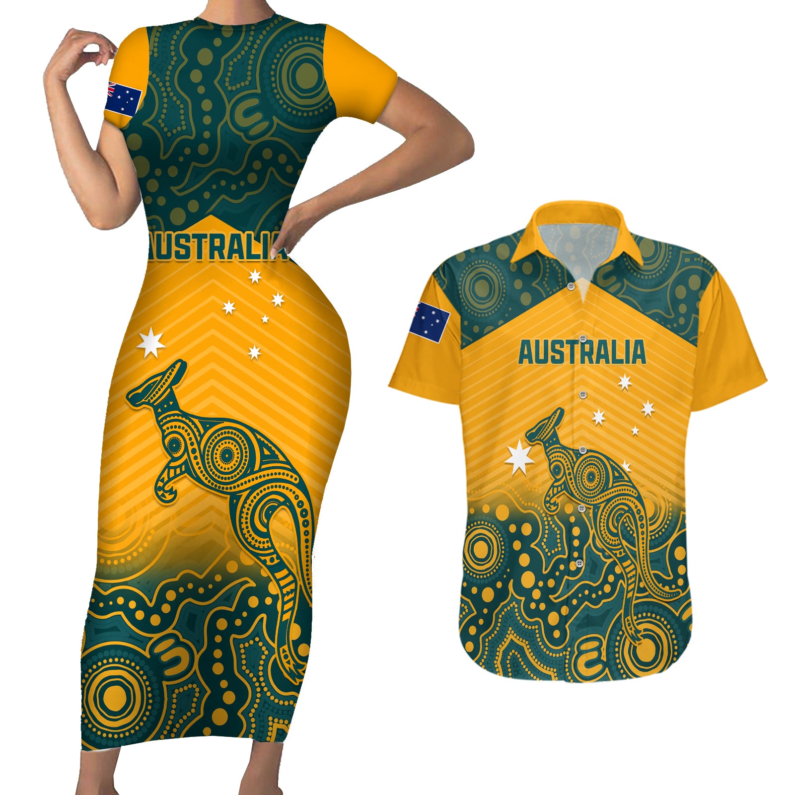 australia-rugby-couples-matching-short-sleeve-bodycon-dress-and-hawaiian-shirt-wallabies-aboriginal-pattern