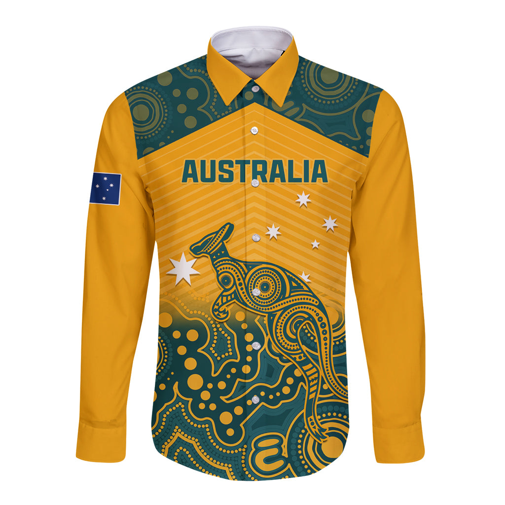 Australia Rugby Long Sleeve Button Shirt Wallabies Aboriginal Pattern - Wonder Print Shop