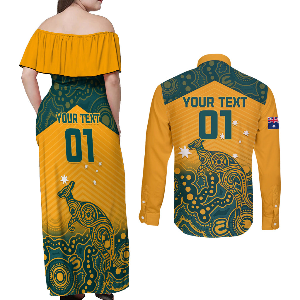 Matching dress and shirt back views with YOUR TEXT 01, yellow and teal pattern