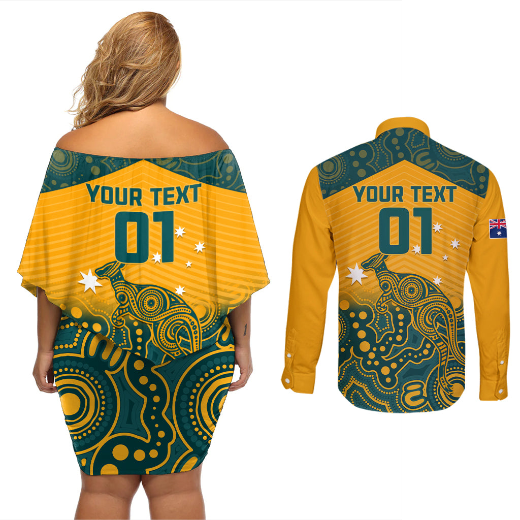 Custom Australia Rugby Couples Matching Off Shoulder Short Dress and Long Sleeve Button Shirts Wallabies Aboriginal Pattern - Wonder Print Shop