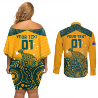 Custom Australia Rugby Couples Matching Off Shoulder Short Dress and Long Sleeve Button Shirts Wallabies Aboriginal Pattern - Wonder Print Shop