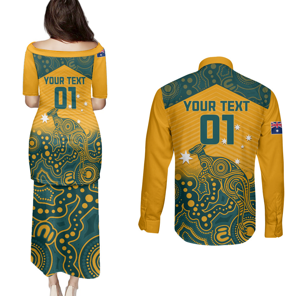 Custom Australia Rugby Couples Matching Puletasi Dress and Long Sleeve Button Shirts Wallabies Aboriginal Pattern - Wonder Print Shop