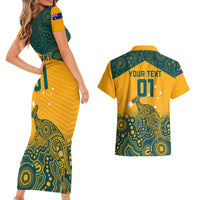 Custom Australia Rugby Couples Matching Short Sleeve Bodycon Dress and Hawaiian Shirt Wallabies Aboriginal Pattern - Wonder Print Shop