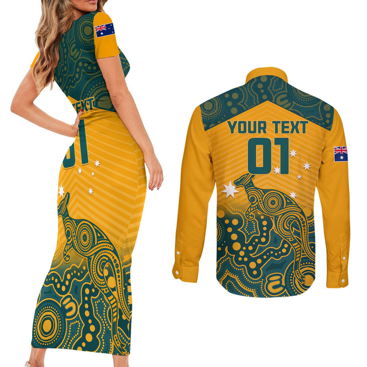 Custom Australia Rugby Couples Matching Short Sleeve Bodycon Dress and Long Sleeve Button Shirts Wallabies Aboriginal Pattern - Wonder Print Shop