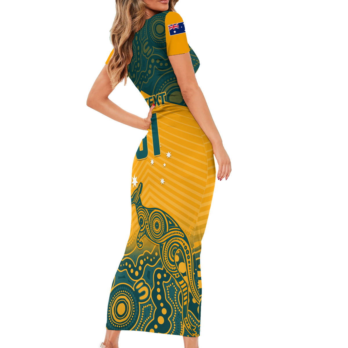 Custom Australia Rugby Short Sleeve Bodycon Dress Wallabies Aboriginal Pattern - Wonder Print Shop
