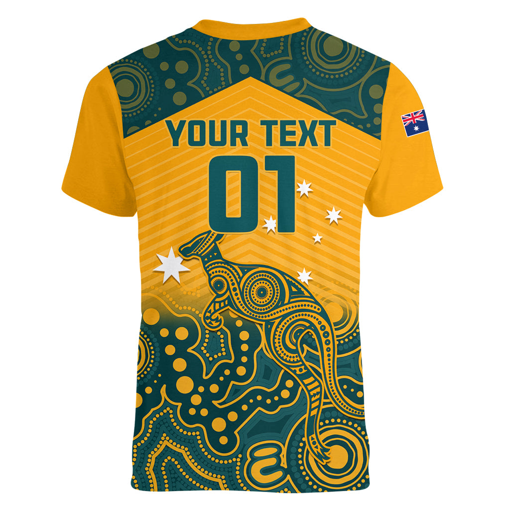Custom Australia Rugby Women V Neck T Shirt Wallabies Aboriginal Pattern - Wonder Print Shop
