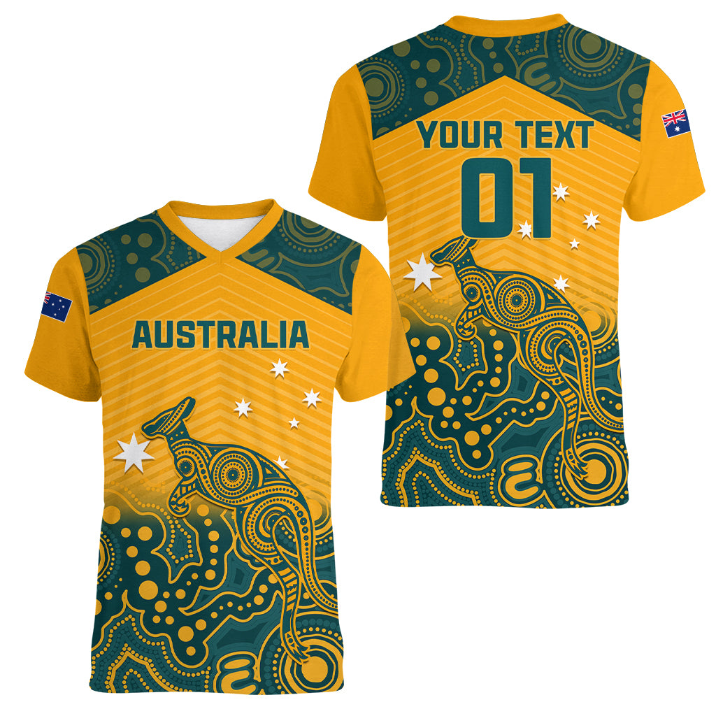 Custom Australia Rugby Women V Neck T Shirt Wallabies Aboriginal Pattern - Wonder Print Shop