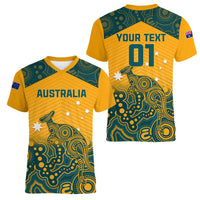 Custom Australia Rugby Women V Neck T Shirt Wallabies Aboriginal Pattern - Wonder Print Shop