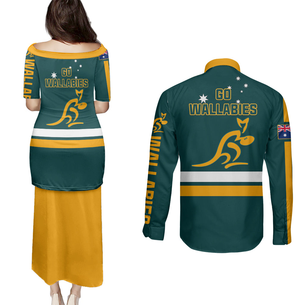 Australia Rugby Couples Matching Puletasi Dress and Long Sleeve Button Shirts Wallabies Go 2023 World Cup - Wonder Print Shop