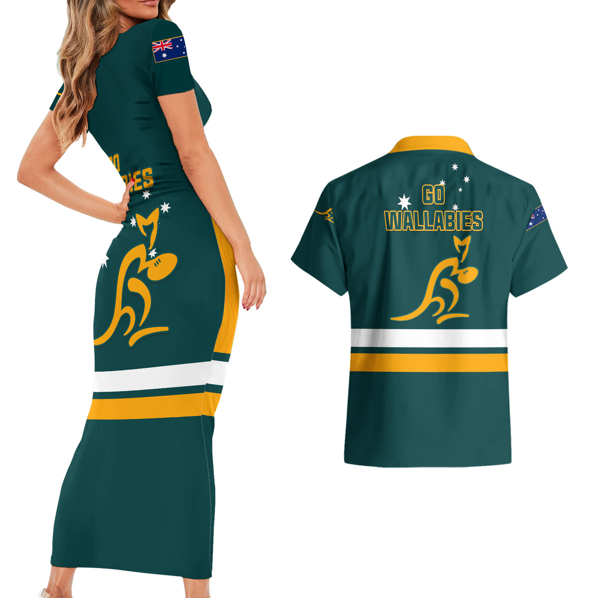 Australia Rugby Couples Matching Short Sleeve Bodycon Dress and Hawaiian Shirt Wallabies Go 2023 World Cup - Wonder Print Shop