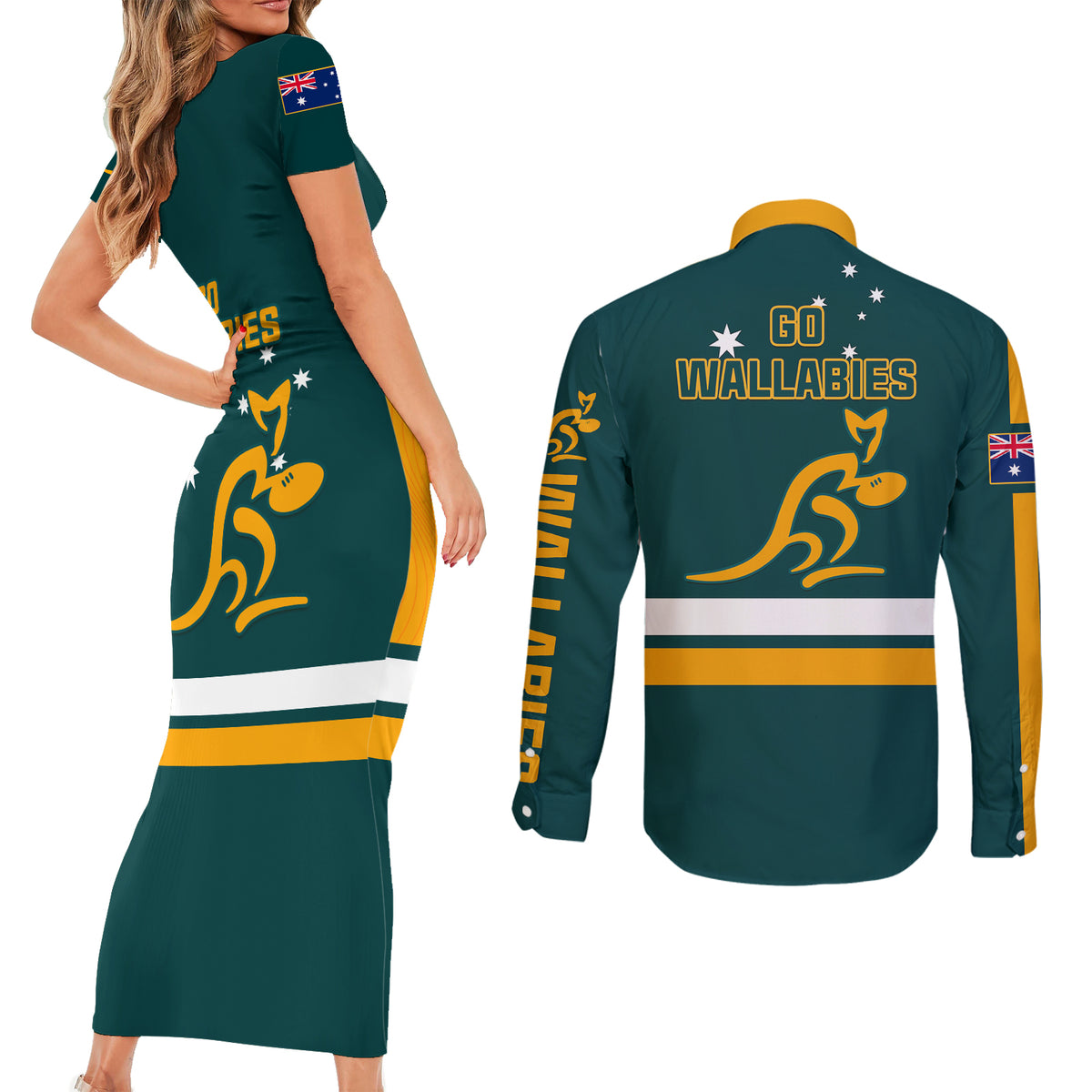 Australia Rugby Couples Matching Short Sleeve Bodycon Dress and Long Sleeve Button Shirts Wallabies Go 2023 World Cup - Wonder Print Shop