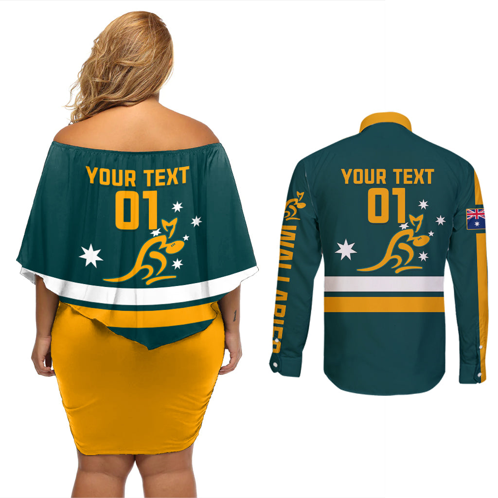 Custom Australia Rugby Couples Matching Off Shoulder Short Dress and Long Sleeve Button Shirts Wallabies Go 2023 World Cup - Wonder Print Shop