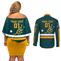Custom Australia Rugby Couples Matching Off Shoulder Short Dress and Long Sleeve Button Shirts Wallabies Go 2023 World Cup - Wonder Print Shop