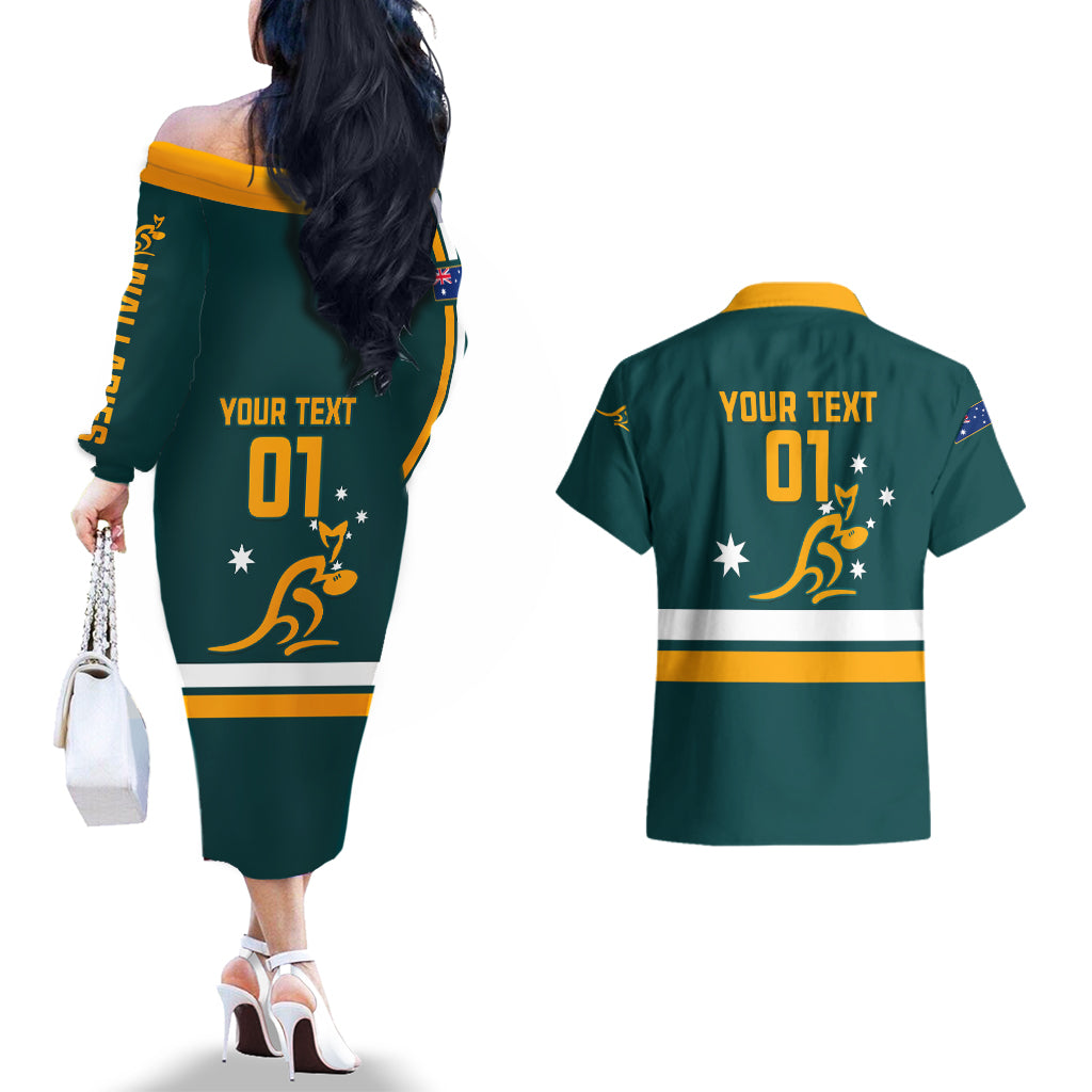 Custom Australia Rugby Couples Matching Off The Shoulder Long Sleeve Dress and Hawaiian Shirt Wallabies Go 2023 World Cup - Wonder Print Shop
