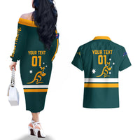 Custom Australia Rugby Couples Matching Off The Shoulder Long Sleeve Dress and Hawaiian Shirt Wallabies Go 2023 World Cup - Wonder Print Shop