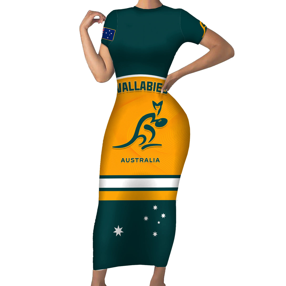 Custom Australia Rugby Short Sleeve Bodycon Dress Wallabies Go 2023 World Cup - Wonder Print Shop