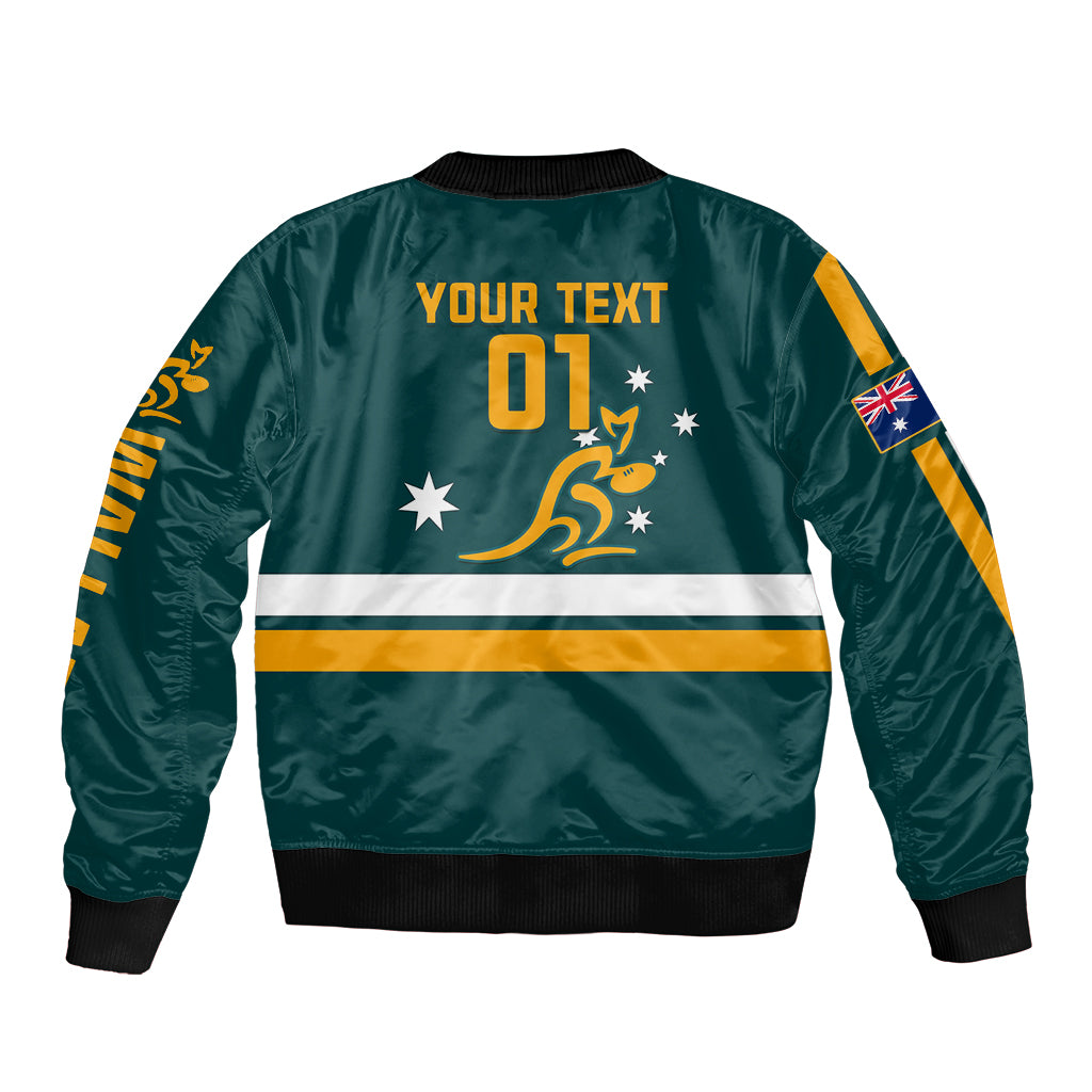 Unisex green rugby zip bomber jacket with YOUR TEXT 01 back print and sleeve flag patch