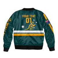 Unisex green rugby zip bomber jacket with YOUR TEXT 01 back print and sleeve flag patch