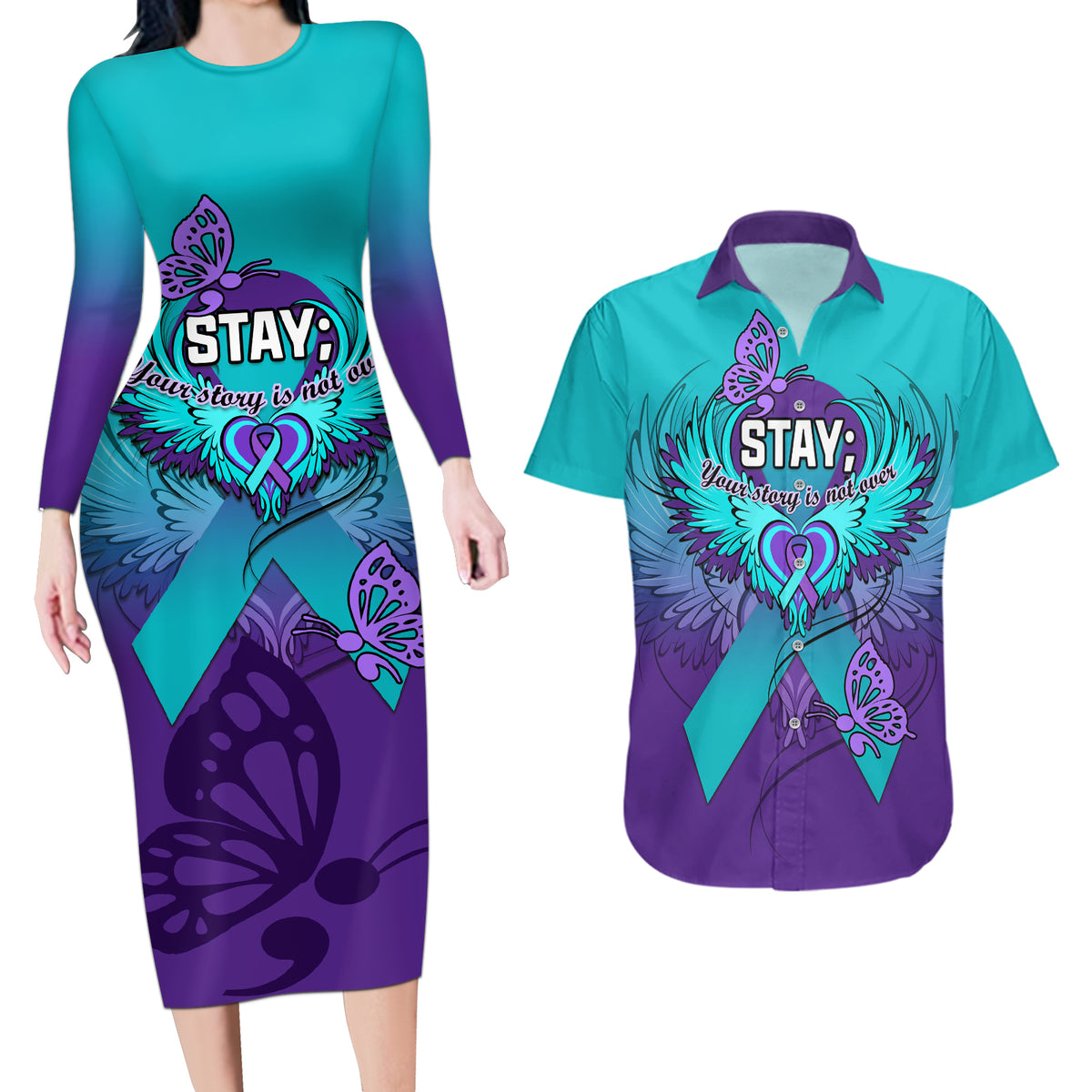 Personalised Stay Your Story is Not Over Suicide Prevention Couples Matching Long Sleeve Bodycon Dress and Hawaiian Shirt - Wonder Print Shop