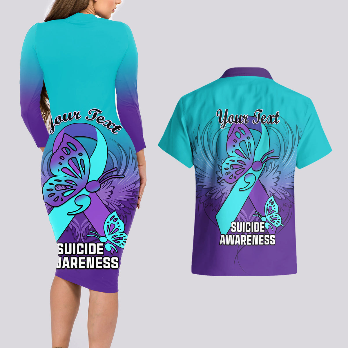 Personalised Stay Your Story is Not Over Suicide Prevention Couples Matching Long Sleeve Bodycon Dress and Hawaiian Shirt - Wonder Print Shop