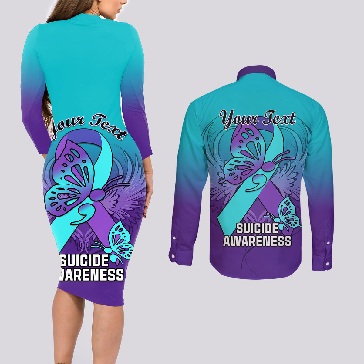 Personalised Stay Your Story is Not Over Suicide Prevention Couples Matching Long Sleeve Bodycon Dress and Long Sleeve Button Shirts - Wonder Print Shop