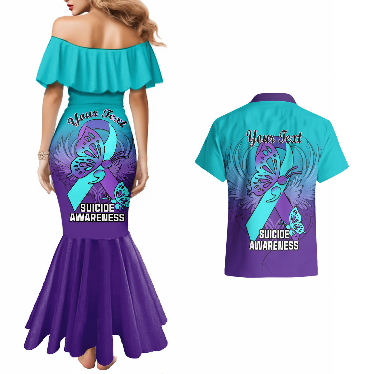 Personalised Stay Your Story is Not Over Suicide Prevention Couples Matching Mermaid Dress and Hawaiian Shirt - Wonder Print Shop