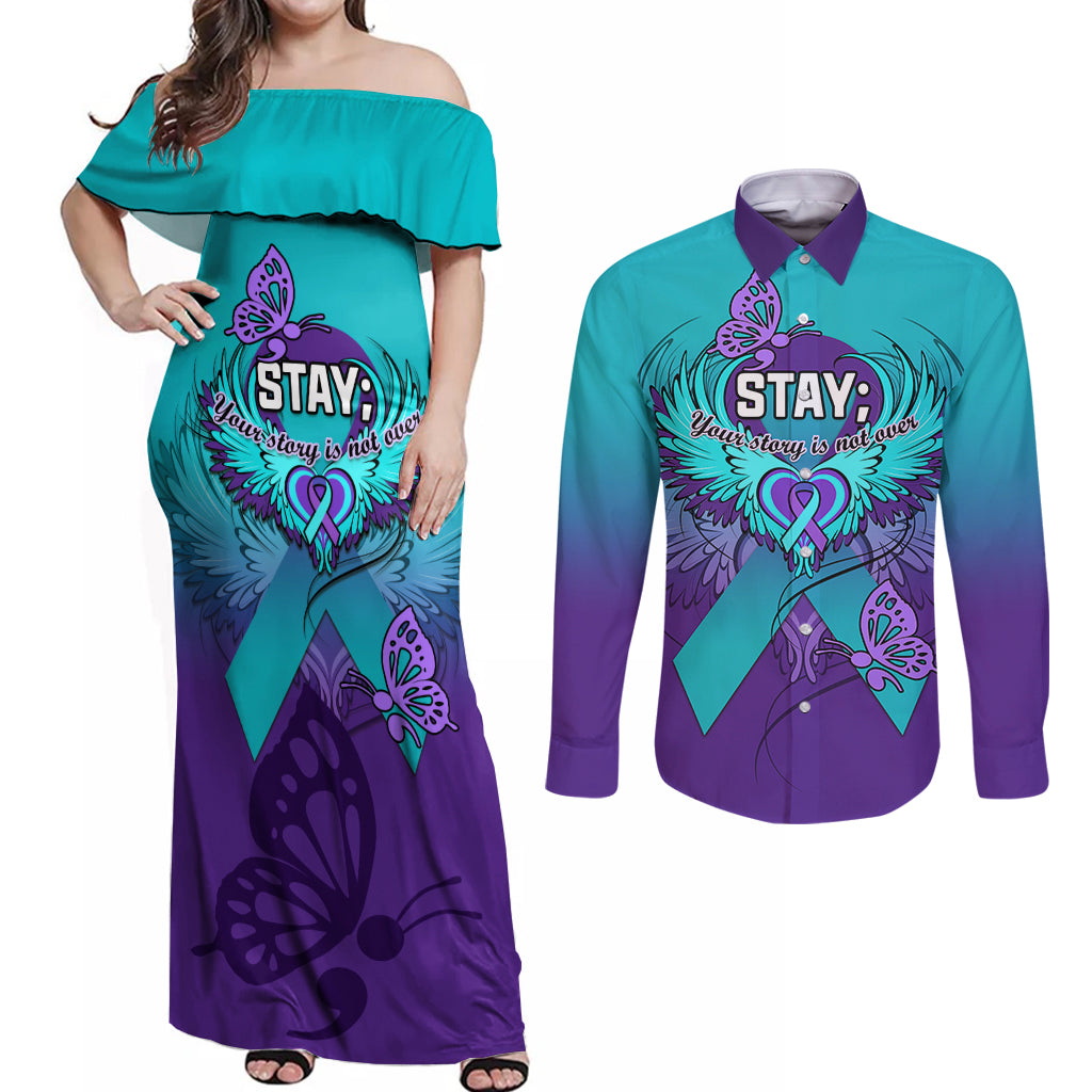 Personalised Stay Your Story is Not Over Suicide Prevention Couples Matching Off Shoulder Maxi Dress and Long Sleeve Button Shirts - Wonder Print Shop