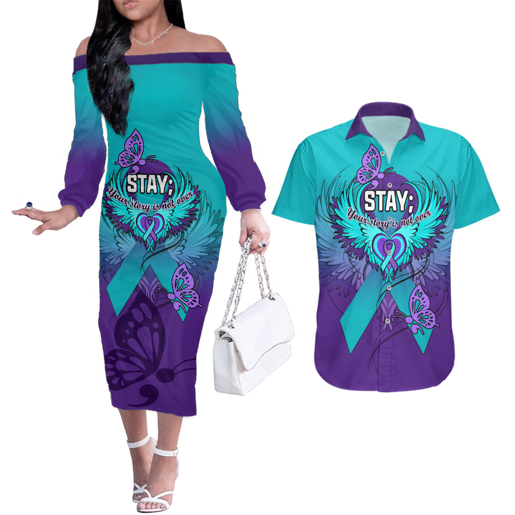 Personalised Stay Your Story is Not Over Suicide Prevention Couples Matching Off The Shoulder Long Sleeve Dress and Hawaiian Shirt - Wonder Print Shop