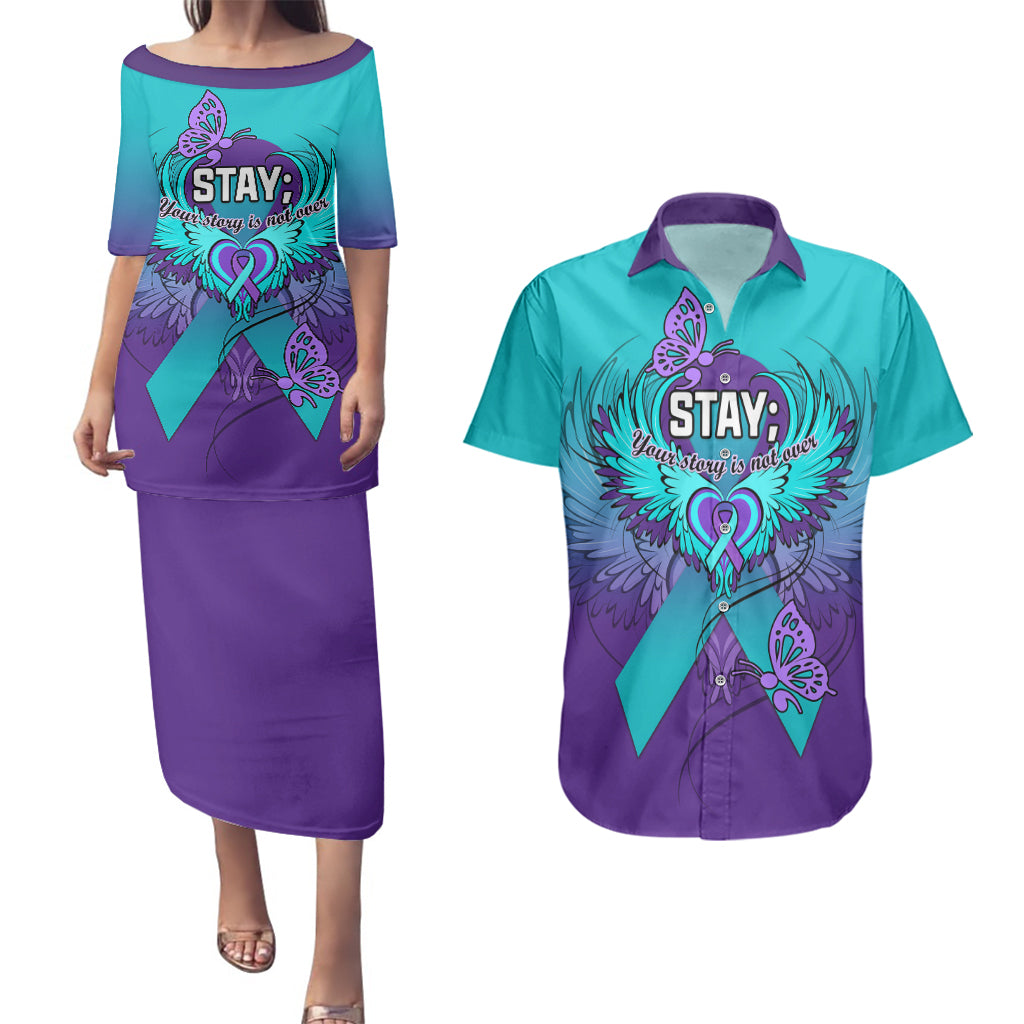 Personalised Stay Your Story is Not Over Suicide Prevention Couples Matching Puletasi Dress and Hawaiian Shirt - Wonder Print Shop