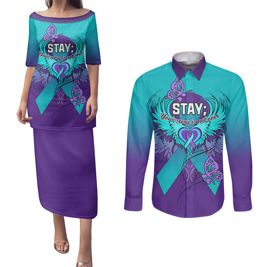 Personalised Stay Your Story is Not Over Suicide Prevention Couples Matching Puletasi Dress and Long Sleeve Button Shirts - Wonder Print Shop